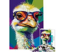 Rompecabezas de 1000 piezas para adultos con retrato de avestruz colorido con gafas Juguete intelectual Juego familiar Ideal para parejas Un gran regalo para los amantes de los juegos (Tamaño 38x26cm)