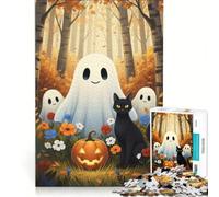 Rompecabezas de 1000 Piezas para Adultos con temática de Halloween Fantasmas, Gato y Calabaza Juguetes para armar en Familia, Ideales para Fortalecer el Amor en Pareja 38x26cm