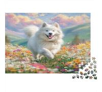 Rompecabezas de 1000 Piezas para Adultos con un Perro Samoyedo Corriendo en un Campo de Flores. Juego de ingenio. Gran Idea de Regalo. 52 x 38 cm (1000 Piezas).