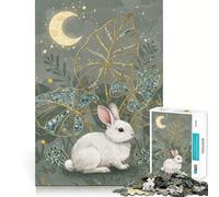 Rompecabezas de 1000 Piezas para Adultos Conejo Blanco con Luna y Hojas Divertido Juego de Memoria Componentes Resistentes y de Corte Limpio aliviar el estrés (38x26cm)