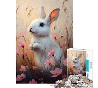 Rompecabezas de 1000 Piezas para Adultos Conejo Blanco Entre Flores Juguetes de Bricolaje para Adultos Actividades Divertidas para aliviar el estrés en casa (tamaño 38x52cm)