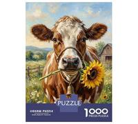 Rompecabezas De 1000 Piezas para Adultos Cow Holding Sunflower in Field Rompecabezas Juego Familiar para La Diversión Familiar Oferta como Regalo para Toda La Familia 70x50cm/1000pcs