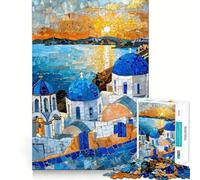 Rompecabezas de 1000 Piezas para Adultos Cúpulas Azules de Grecia Decoración de Ajuste Limpio,Actividad Cerebral Divertida,Juego Acogedor,Regalo Festivo de Ocio 38x26cm