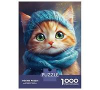 Rompecabezas De 1000 Piezas para Adultos Cute Kitty in Blue Hat and Scarf Rompecabezas para Adultos Juego Práctico Decoración Perfecta Regalos De Cumpleaños Y Únicos 70x50cm/1000pcs