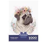 Rompecabezas De 1000 Piezas para Adultos Cute Pug Dog Flower Crown Rompecabezas para Adultos Juego Práctico Ensamblaje De Patrones Difícil Y Desafiante 52x38cm/1000pcs