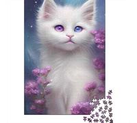 Rompecabezas De 1000 Piezas para Adultos Cute White Kitten with Purple Flowers Rompecabezas para Adultos Juego De Ingenio Corte De Precisión Desafiante De Completar 38x26cm/1000pcs