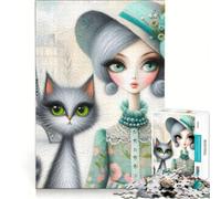 Rompecabezas de 1000 Piezas para Adultos: Dama Elegante y Gato atigrado, decoración de Pared, Juguete para la interacción Entre Padres e Hijos, 38x26cm