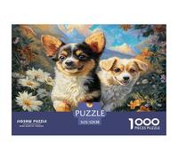 Rompecabezas de 1000 Piezas para Adultos, de cartón 100% Reciclado, con Dos Perritos Entre Flores. Bellamente ilustrado. Rompecabezas de 52 x 38 cm.