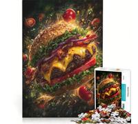 Rompecabezas de 1000 Piezas para Adultos: Deliciosa Hamburguesa con Ingredientes voladores, Juego Imposible, antiestrés, cumpleaños y Navidad 38x52cm