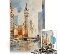 Rompecabezas de 1000 Piezas para Adultos,diseño de Acuarela del río Chicago,Corte preciso,decoración,Juguete para ejercitar el Pensamiento,Juego para el Tiempo Libre,Regalo Festivo de Ocio (38x26cm)