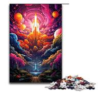 Rompecabezas de 1000 Piezas para Adultos diseño de Atardecer psicodélico Colorido con Cohete Espacial de Madera difícil y desafiante 75 x 50 cm.
