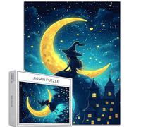 Rompecabezas de 1000 piezas para adultos, diseño de bruja sentada en la luna, fondo de cielo estrellado, rompecabezas colorido para decoración del hogar, regalos, rompecabezas familiar, perfecto para