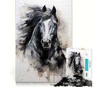 Rompecabezas de 1000 Piezas para Adultos,diseño de Caballo Negro en Acuarela,decoración de Ajuste Limpio,Actividad Cerebral Divertida,Juego para Momentos acogedores,Regalo Festivo de Ocio 50x75cm