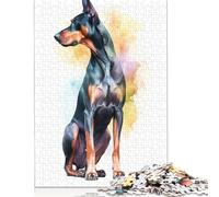 Rompecabezas de 1000 Piezas para Adultos, diseño de Cachorro dóberman en Acuarela, de Madera, (75 x 50 cm), para Adultos Mayores de 18 años.