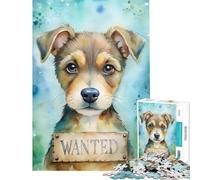 Rompecabezas de 1000 Piezas para Adultos diseño de Cachorro en Acuarela con la Frase Se Busca Diversión en casa Mejora la Memoria Juego Educativo Apto para Mayores de 14 años (38x52cm)