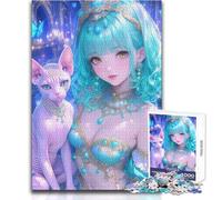 Rompecabezas de 1000 Piezas para Adultos, diseño de Chica Anime de fantasía con Gato, Ideal para Decorar la Pared en Familia Apto para Mayores de 14 años (38x52cm)