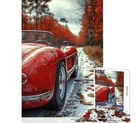 Rompecabezas de 1000 Piezas para Adultos diseño de Coche clásico Rojo en otoño Juego práctico con póster y Hoja de Trivia a Juego 38x52cm