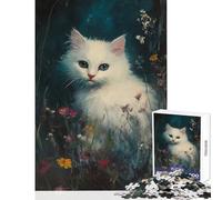 Rompecabezas de 1000 Piezas para Adultos diseño de Gatito Blanco Entre Flores Juguete Educativo Regalo de cumpleaños Juegos Divertidos para fomentar el Amor en Pareja (tamaño 38x26cm)