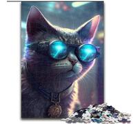 Rompecabezas de 1000 Piezas para Adultos, diseño de Gato ciberpunk de Madera, Ideal como decoración artística o Regalo de cumpleaños, 50x75cm, Ideal para cumpleaños, Vacaciones, Navidad y Halloween