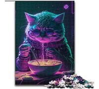 Rompecabezas de 1000 Piezas para Adultos, diseño de Gato Comiendo Ramen, tamaño 50x75cm, Ideal para una Noche de Juegos en Familia, Ideal para Decorar.