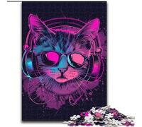Rompecabezas de 1000 Piezas para Adultos,diseño de Gato con Auriculares y Gafas de Sol de Madera, decoración del hogar Ideal para Adolescentes