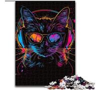 Rompecabezas de 1000 Piezas para Adultos, diseño de Gato con Auriculares y Gafas de Sol, de Madera Padres, Parejas y Amigos a Partir de 14 años 50x75cm Juego Interactivo Familiar