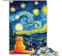 Rompecabezas de 1000 Piezas para Adultos, diseño de Gato del Cielo Nocturno de Van Gogh 1000 Piezas para Adultos, Nivel Principiante, Ideal para cumpleaños y Regalos navideños (tamaño 26x38cm)