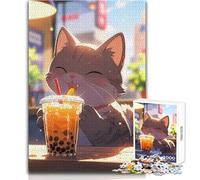 Rompecabezas de 1000 Piezas para Adultos, diseño de Gato Feliz con té de Burbujas, Juego Educativo Familiar, Regalo para Mujeres, Regalo de Amigo Secreto, tamaño 38x52cm