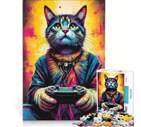 Rompecabezas de 1000 Piezas para Adultos diseño de Gato Gamer con Actitud de felino neón con Mando y Actitud Juegos relajantes, Actividades Divertidas en casa y Que mejoran el Amor en Pareja 38x52cm