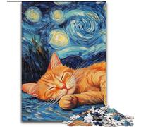 Rompecabezas de 1000 Piezas para Adultos, diseño de Gato Naranja y Cielo Nocturno, de Madera, decoración para el hogar 50x75cm, Ideal para Adultos y familias