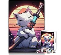 Rompecabezas de 1000 Piezas para Adultos, diseño de Gato samurái, Arte Retro, Divertido, Tranquilo, para Pasar el Tiempo Libre, Juguete de Ajuste preciso, tamaño 50x75cm