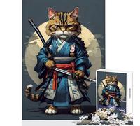 Rompecabezas de 1000 Piezas para Adultos diseño de Gato samurái Vintage antiestrés cumpleaños con póster a Juego y Hoja de Trivia (38x26cm)