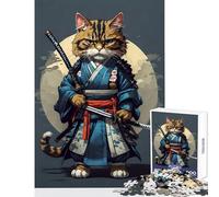 Rompecabezas de 1000 Piezas para Adultos diseño de Gato samurái Vintage antiestrés cumpleaños con póster a Juego y Hoja de Trivia (50x75cm)