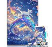 Rompecabezas de 1000 Piezas para Adultos diseño de Gato sobre un delfín para Adolescentes Juego de Preguntas y respuestas decoración de Pared cumpleaños y Navidad 75x50cm