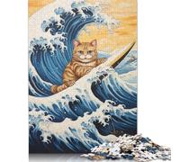 Rompecabezas de 1000 Piezas para Adultos, diseño de Gato surfeando en una Ola Japonesa, Rompecabezas de cartón para Adultos, Divertidos, 1000 Piezas (38 x 26 cm)