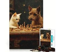 Rompecabezas de 1000 Piezas para Adultos,diseño de Gato y Perro Jugando al ajedrez,decoración Limpia y Saludable,Juguete para ejercitar el Cerebro,Juego Acogedor,diversión de cumpleaños (50x75cm)