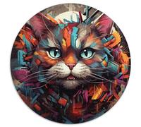 Rompecabezas de 1000 Piezas para Adultos,diseño de Grafiti psicodélico de Gato,Rompecabezas Redondos de Papel,Actividad para conectar con la Familia, Fiestas 67,5 x 67,5 cm
