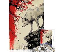 Rompecabezas de 1000 Piezas para Adultos diseño de Lobo en un acantilado con follaje Rojo Ideal para Decorar el hogar Regalo de cumpleaños Juego Imposible Cada Pieza es única Tamaño: 38x52cm