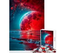 Rompecabezas de 1000 Piezas para Adultos diseño de Luna roja y mar Ideal para decoración del hogar Regalo de cumpleaños Juego Educativo con póster y Hoja de Trivia a Juego tamaño 50x75cm