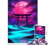 Rompecabezas de 1000 Piezas para Adultos diseño de neón Torii bajo una Luna carmesí Ideal para decoración del hogar Regalo de cumpleaños Juego práctico Apto para decoración de Escritorio 38x26cm