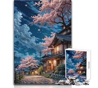 Rompecabezas de 1000 Piezas para Adultos, diseño de Pueblo japonés Nocturno con Flores de Cerezo, Ideal para Decorar el hogar, Juguetes para Mayores de 14 años (tamaño 50x75cm)