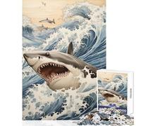 Rompecabezas de 1000 Piezas para Adultos diseño de tiburón la Gran Ola de Japón Ideal para Decorar el hogar Regalo de cumpleaños Juego Imposible Cada Pieza es única Tamaño: 38x26cm