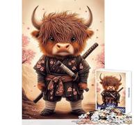 Rompecabezas de 1000 Piezas para Adultos diseño de Vaca samurái de Las Tierras Altas con Flores de Cerezo Juguetes de Bricolaje Grandes Regalos y Juguetes Juegos de relajación para Mejorar el Amor