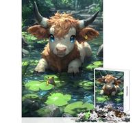 Rompecabezas de 1000 Piezas para Adultos diseño de Vaca y Rana en un Estanque de Lirios Juego de relajación con Piezas de Formas aleatorias Que se entrelazan por Completo