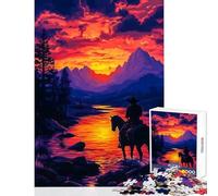 Rompecabezas de 1000 Piezas para Adultos diseño de Vaquero y Caballo al Atardecer en el río Juguetes antiestrés Regalo de cumpleaños Juego práctico difícil y desafiante tamaño 50x75cm