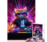 Rompecabezas de 1000 Piezas para Adultos DJ Cat con Fondo de neón música Meme Juguetes antiestrés Grandes Regalos y Juguetes para Juegos educativos Actividades Divertidas en casa tamaño 50x75cm
