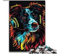 Rompecabezas de 1000 Piezas para Adultos DJ Neon Border Collie de Madera, divertirse en Familia en cumpleaños, Navidad 50x75cm Actividad de Noche de Juegos Familiar Atractiva