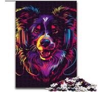 Rompecabezas de 1000 piezas para adultos DJ Neon Border Collie hecho de madera,lo que lo convierte en un gran regalo para la diversión familiar de 50x75cm para vacaciones,cumpleaños y noches de juegos
