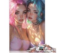 Rompecabezas de 1000 Piezas para Adultos, Dos niñas con Cabello Rosa y Azul, Rompecabezas Cuadrados creativos para Adultos, Rompecabezas de Papel para decoración del hogar, 38 x 26 cm/1000 Piezas
