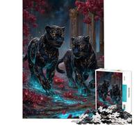 Rompecabezas de 1000 Piezas para Adultos Dos panteras Negras en un Paisaje Floral Rompecabezas antiestrés para Adultos Que Mejora la Memoria Toda la Familia (Tamaño 50x75cm)